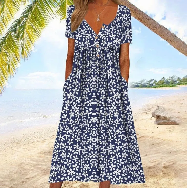 Women's Boho Floral Maxi Dress, Elegant V-Neck 3/4 Sleeve Boho Casual Dress with Pockets for Women