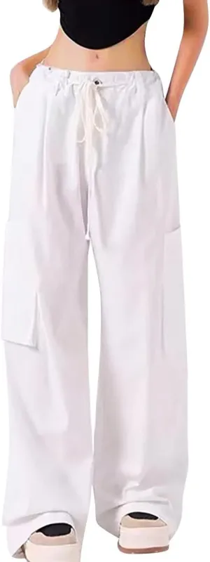 Womens Cargo Pants Baggy Wide Leg Pants Drawstring Waist Pants Y2k Cargo Pants Lightweight Hiking Pants Trendy Pants