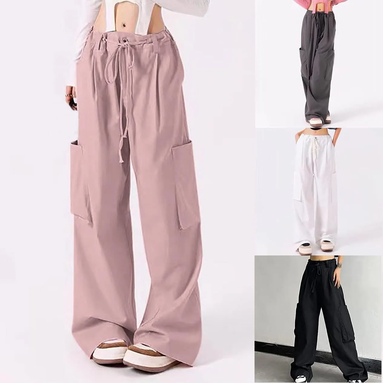 Womens Cargo Pants Baggy Wide Leg Pants Drawstring Waist Pants Y2k Cargo Pants Lightweight Hiking Pants Trendy Pants