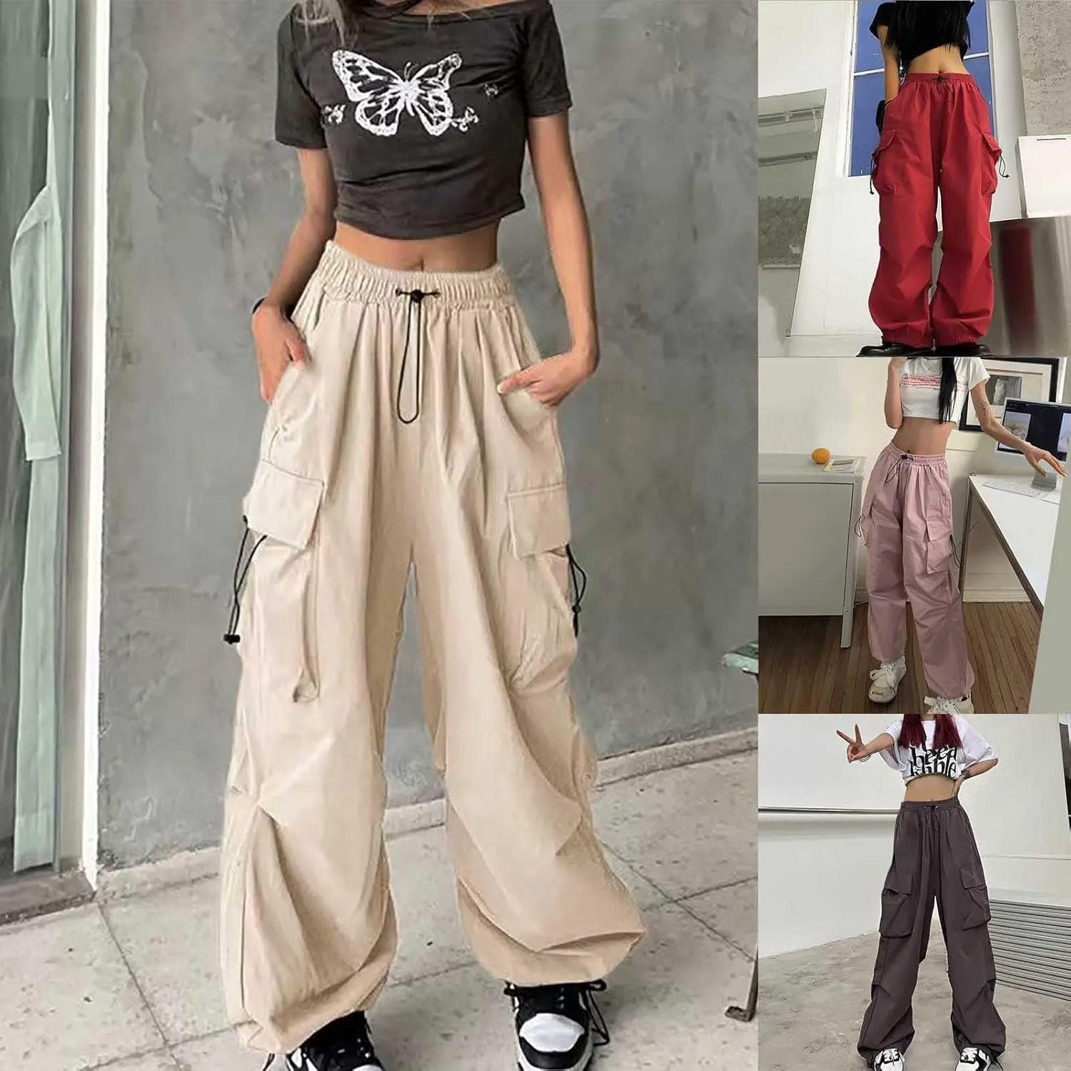 Womens Cargo Pants Baggy Wide Leg Pants Drawstring Waist Pants Y2k Cargo Pants Lightweight Hiking Pants Trendy Pants
