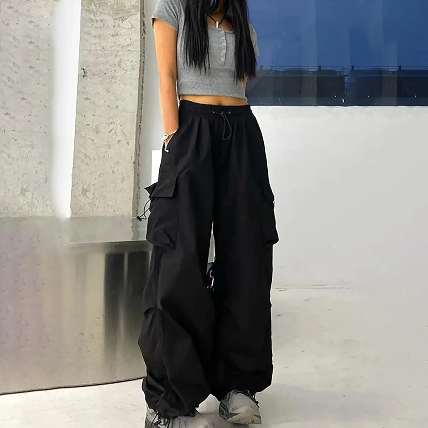 Womens Cargo Pants Baggy Wide Leg Pants Drawstring Waist Pants Y2k Cargo Pants Lightweight Hiking Pants Trendy Pants