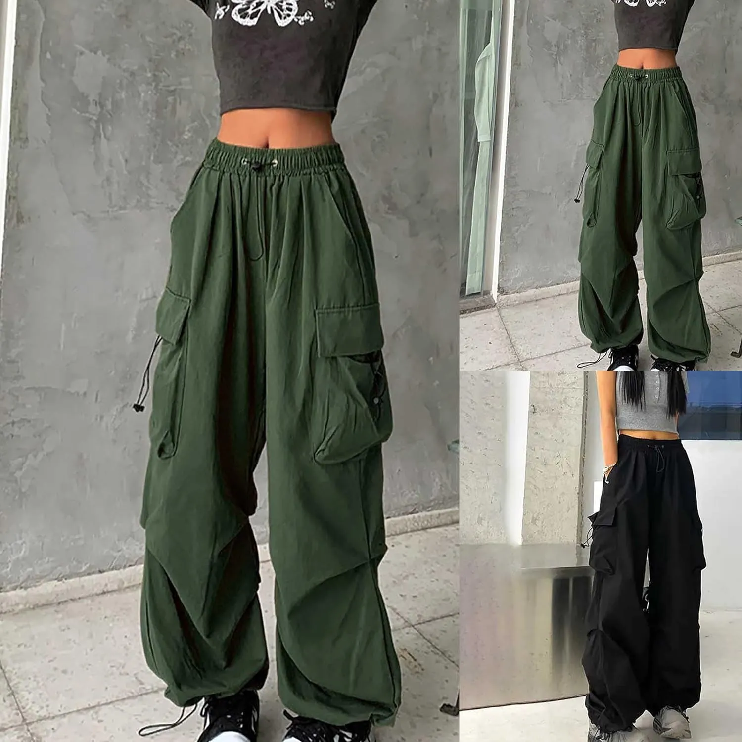 Womens Cargo Pants Baggy Wide Leg Pants Drawstring Waist Pants Y2k Cargo Pants Lightweight Hiking Pants Trendy Pants