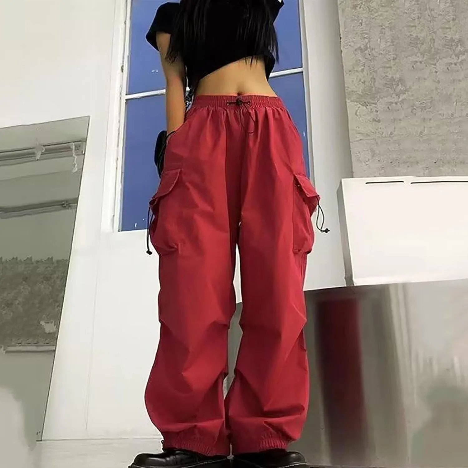 Womens Cargo Pants Baggy Wide Leg Pants Drawstring Waist Pants Y2k Cargo Pants Lightweight Hiking Pants Trendy Pants