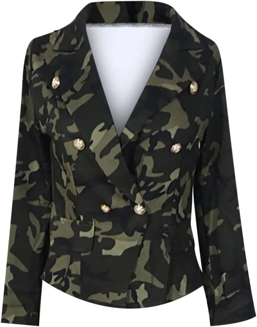 Women's Casual Business Blazer Front Open Long Sleeve, Double Breasted Blazers Vintage Print Slim Suit Jackets 2024