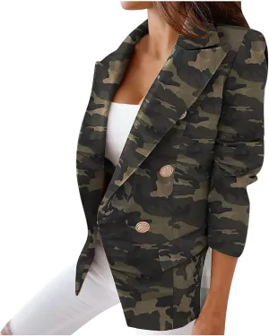 Women's Casual Business Blazer Front Open Long Sleeve, Double Breasted Blazers Vintage Print Slim Suit Jackets 2024