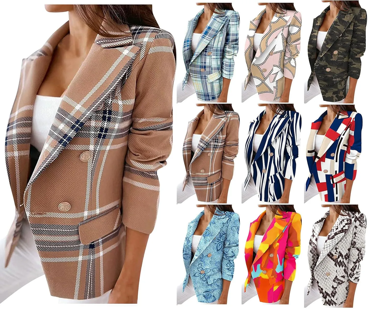 Women's Casual Business Blazer Front Open Long Sleeve, Double Breasted Blazers Vintage Print Slim Suit Jackets 2024