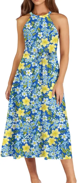 Women's Casual Fashion Halter Crew Neck Floral Print Basic Sleeveless Loose Boho Belt Ruffle Swing Hem Midi Sundress