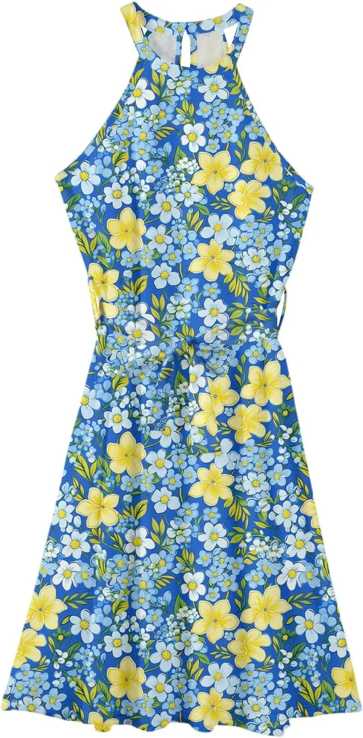 Women's Casual Fashion Halter Crew Neck Floral Print Basic Sleeveless Loose Boho Belt Ruffle Swing Hem Midi Sundress