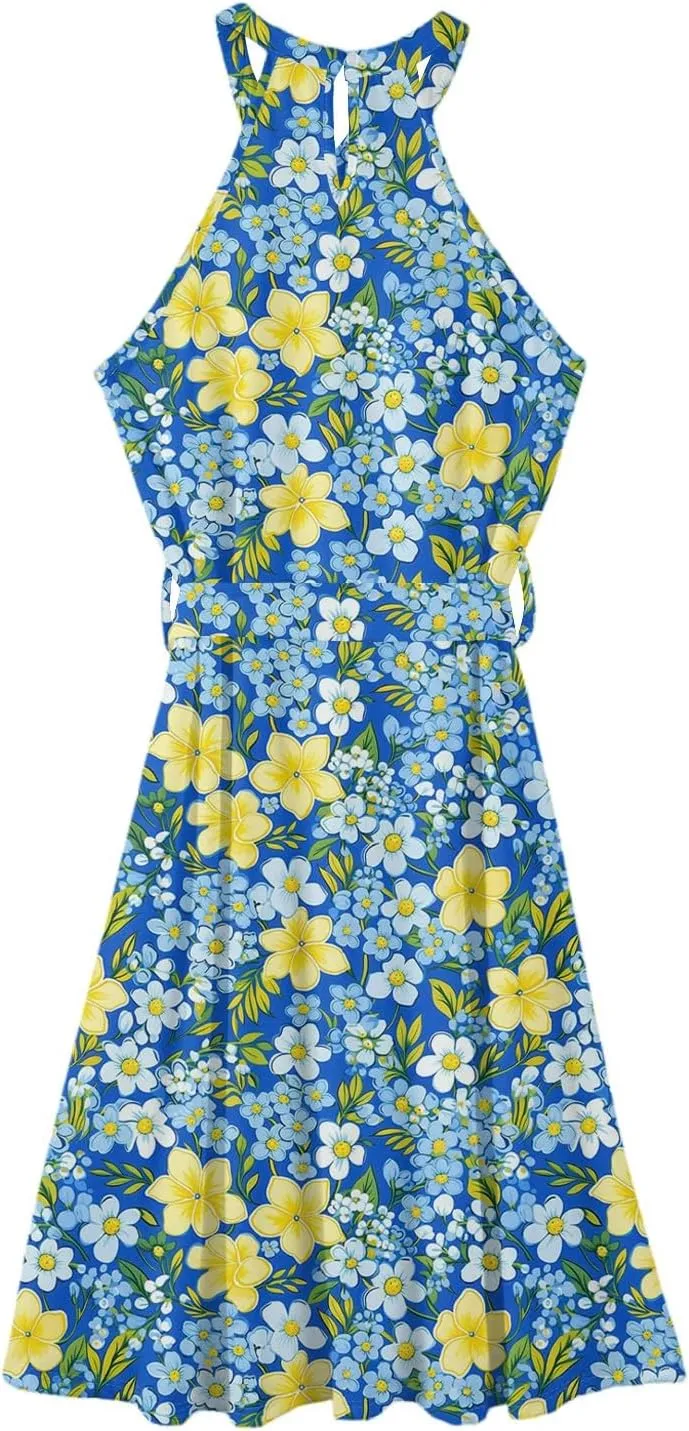 Women's Casual Fashion Halter Crew Neck Floral Print Basic Sleeveless Loose Boho Belt Ruffle Swing Hem Midi Sundress
