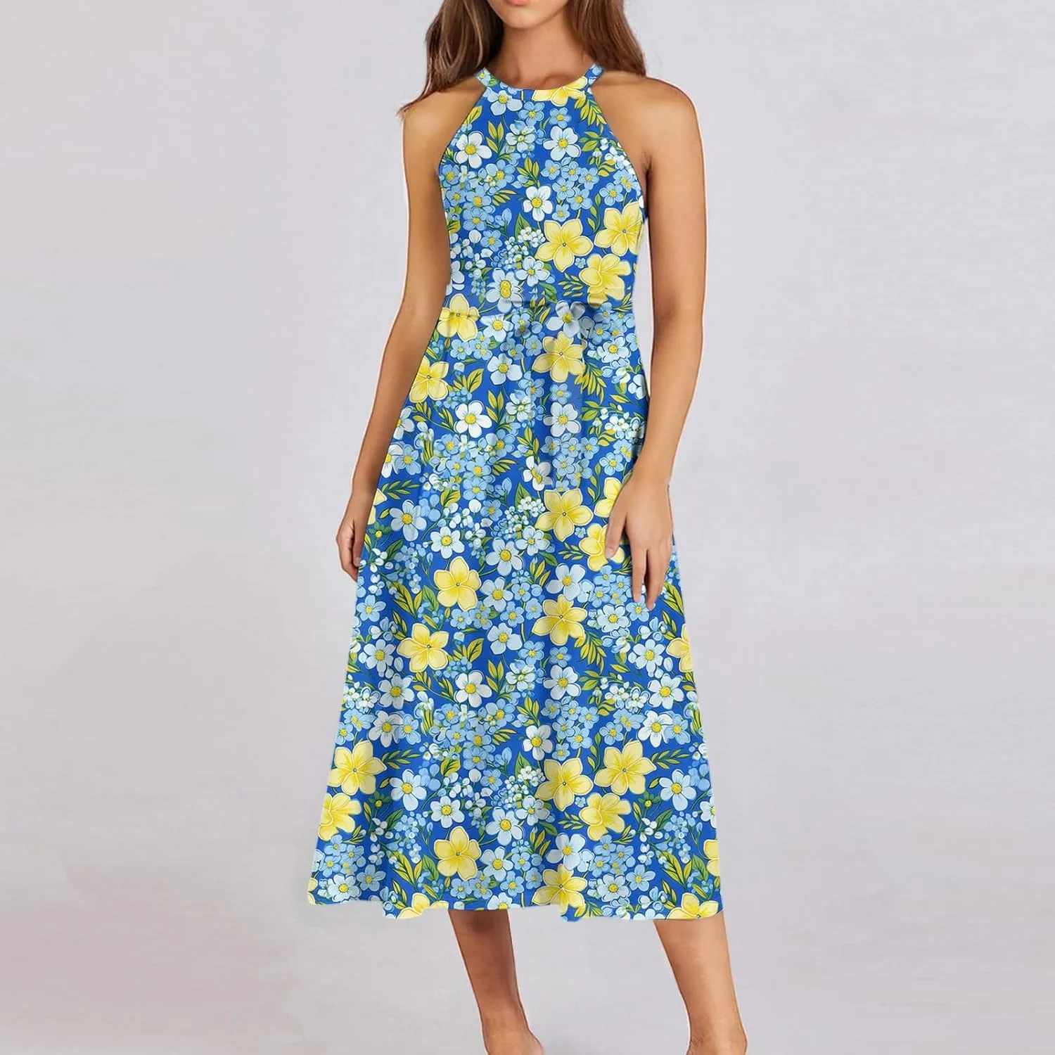 Women's Casual Fashion Halter Crew Neck Floral Print Basic Sleeveless Loose Boho Belt Ruffle Swing Hem Midi Sundress