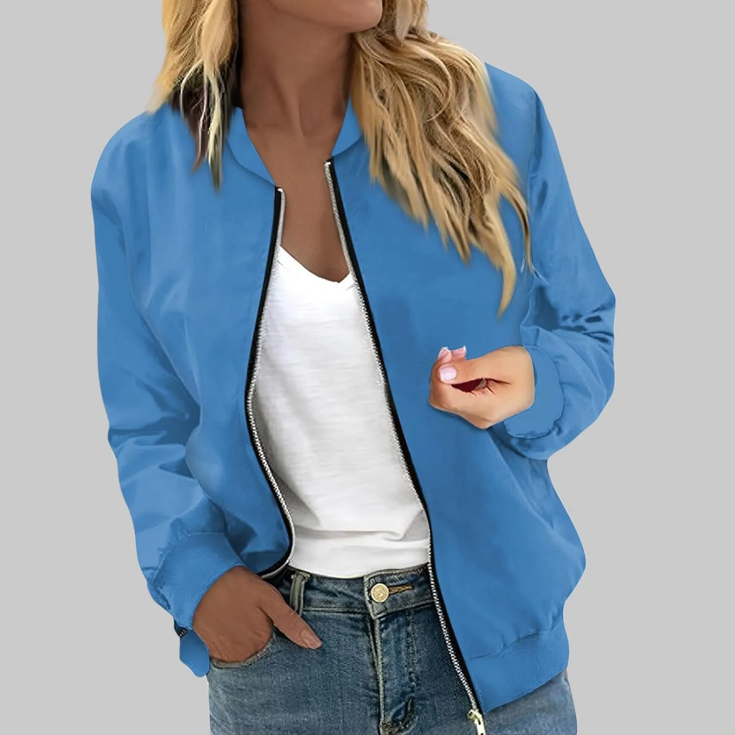 Women's Casual Floral Zip Up Bomber Jacket Spring Long Sleeve Coat Stand Collar Lightweight Short Outwear Tops