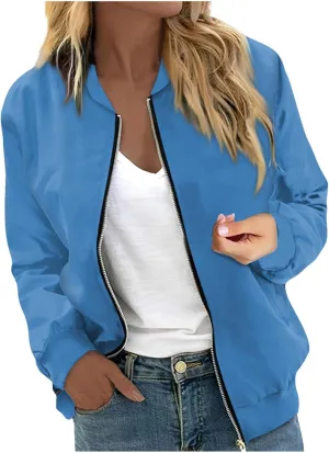 Women's Casual Floral Zip Up Bomber Jacket Spring Long Sleeve Coat Stand Collar Lightweight Short Outwear Tops