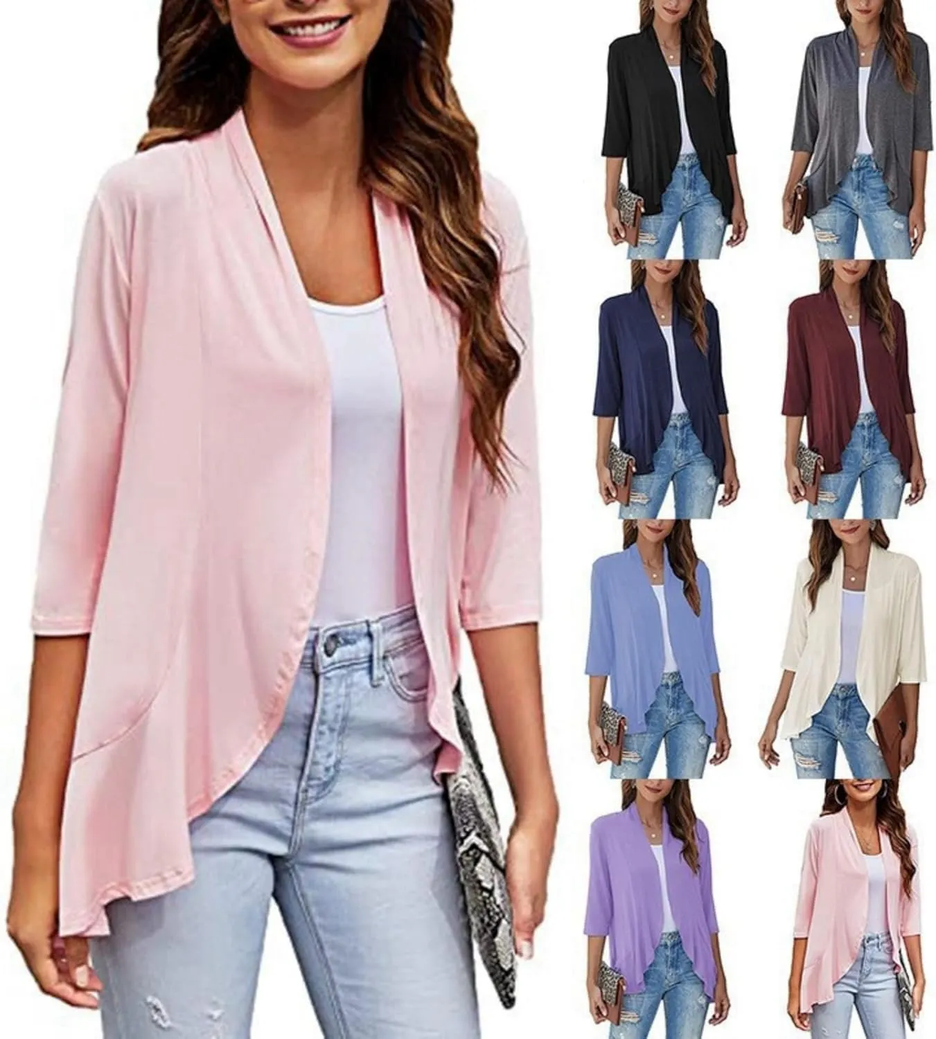 Women'S Casual Lightweight Open Front Cardigans, 2025 Novealcrbe Solid Color 3/4 Women'S Open Front Cardigans