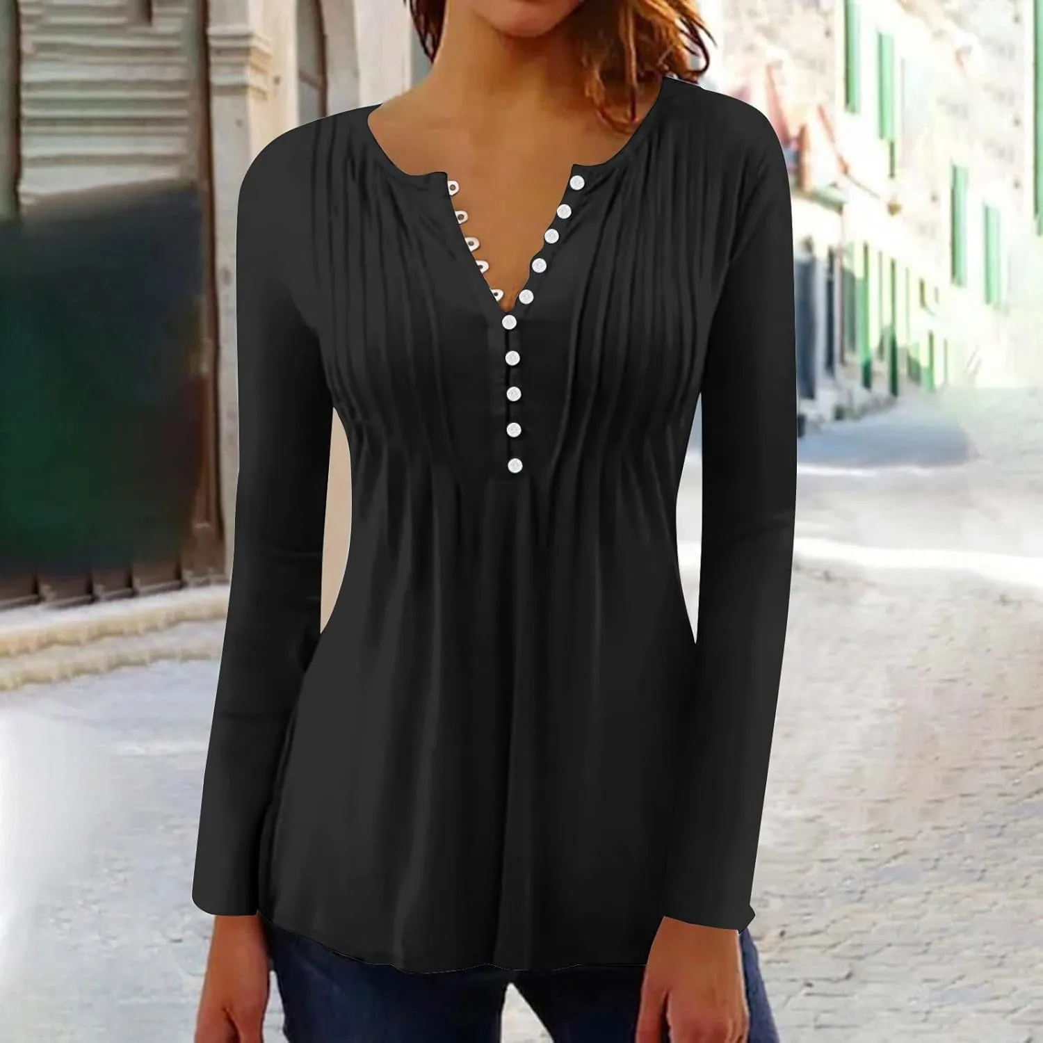 Women's Casual Long Sleeve Henley V-Neck Shirt Printed Pleated Tunics Or Tops to Wear with Leggings S-3XL