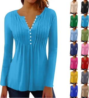 Women's Casual Long Sleeve Henley V-Neck Shirt Printed Pleated Tunics Or Tops to Wear with Leggings S-3XL