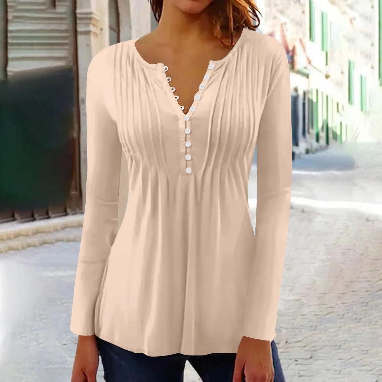 Women's Casual Long Sleeve Henley V-Neck Shirt Printed Pleated Tunics Or Tops to Wear with Leggings S-3XL