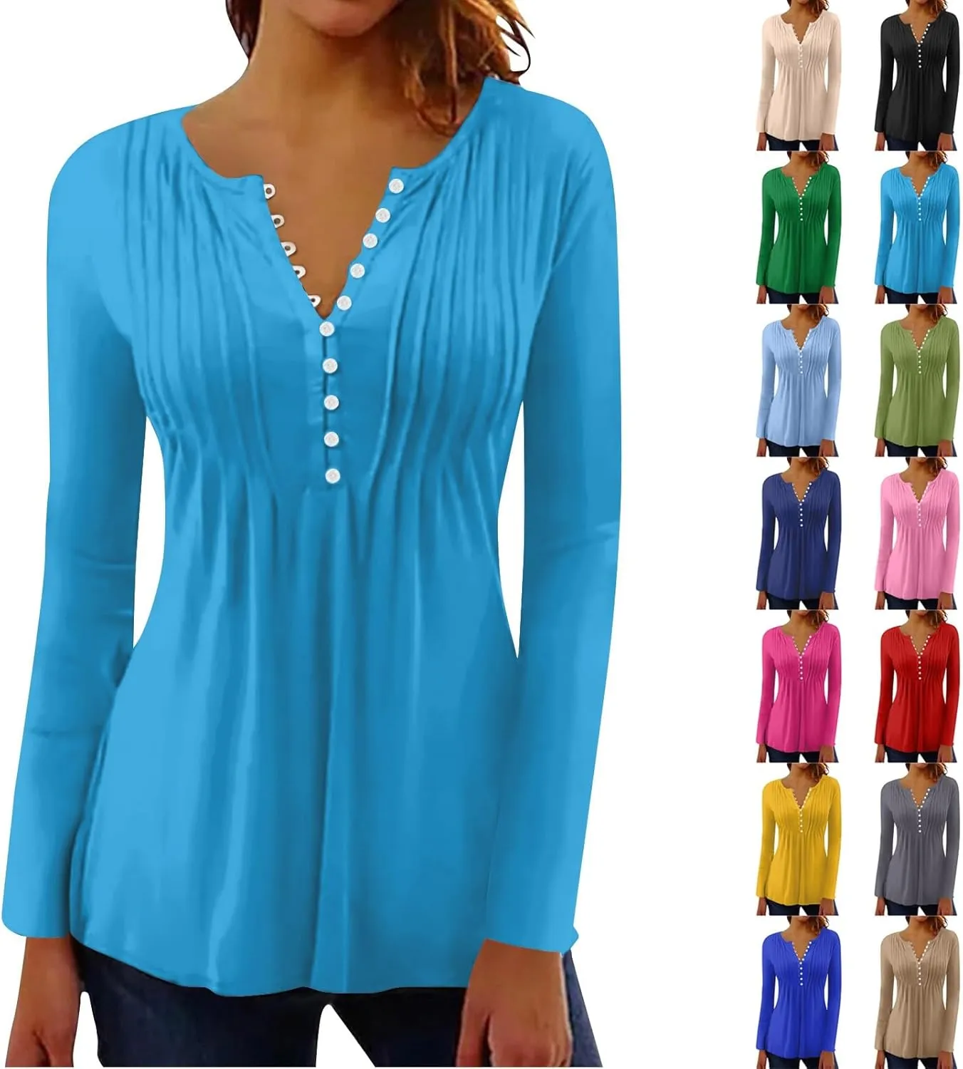 Women's Casual Long Sleeve Henley V-Neck Shirt Printed Pleated Tunics Or Tops to Wear with Leggings S-3XL