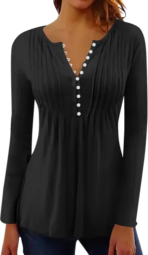 Women's Casual Long Sleeve Henley V-Neck Shirt Printed Pleated Tunics Or Tops to Wear with Leggings S-3XL