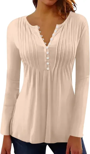 Women's Casual Long Sleeve Henley V-Neck Shirt Printed Pleated Tunics Or Tops to Wear with Leggings S-3XL
