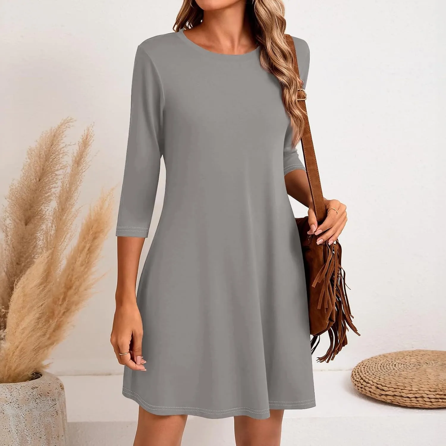 Womens Casual Long Sleeve T Shirt Dresses Trendy Plus Size 3/4 Sleeve Mini Dress Elegant Formal Flowy Short Dress