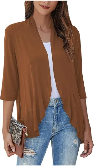 Womens Casual Open Front Cardigans Lightweight Drape Ruffles 3/4 Sleeve Cardigan