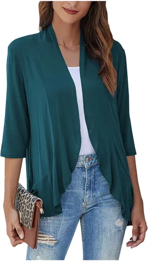 Womens Casual Open Front Cardigans Lightweight Drape Ruffles 3/4 Sleeve Cardigan