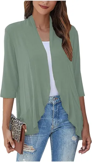 Womens Casual Open Front Cardigans Lightweight Drape Ruffles 3/4 Sleeve Cardigan