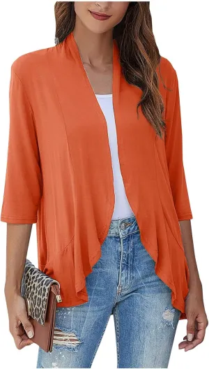 Womens Casual Open Front Cardigans Lightweight Drape Ruffles 3/4 Sleeve Cardigan