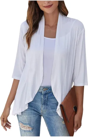 Womens Casual Open Front Cardigans Lightweight Drape Ruffles 3/4 Sleeve Cardigan