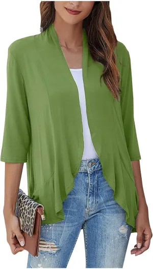 Womens Casual Open Front Cardigans Lightweight Drape Ruffles 3/4 Sleeve Cardigan
