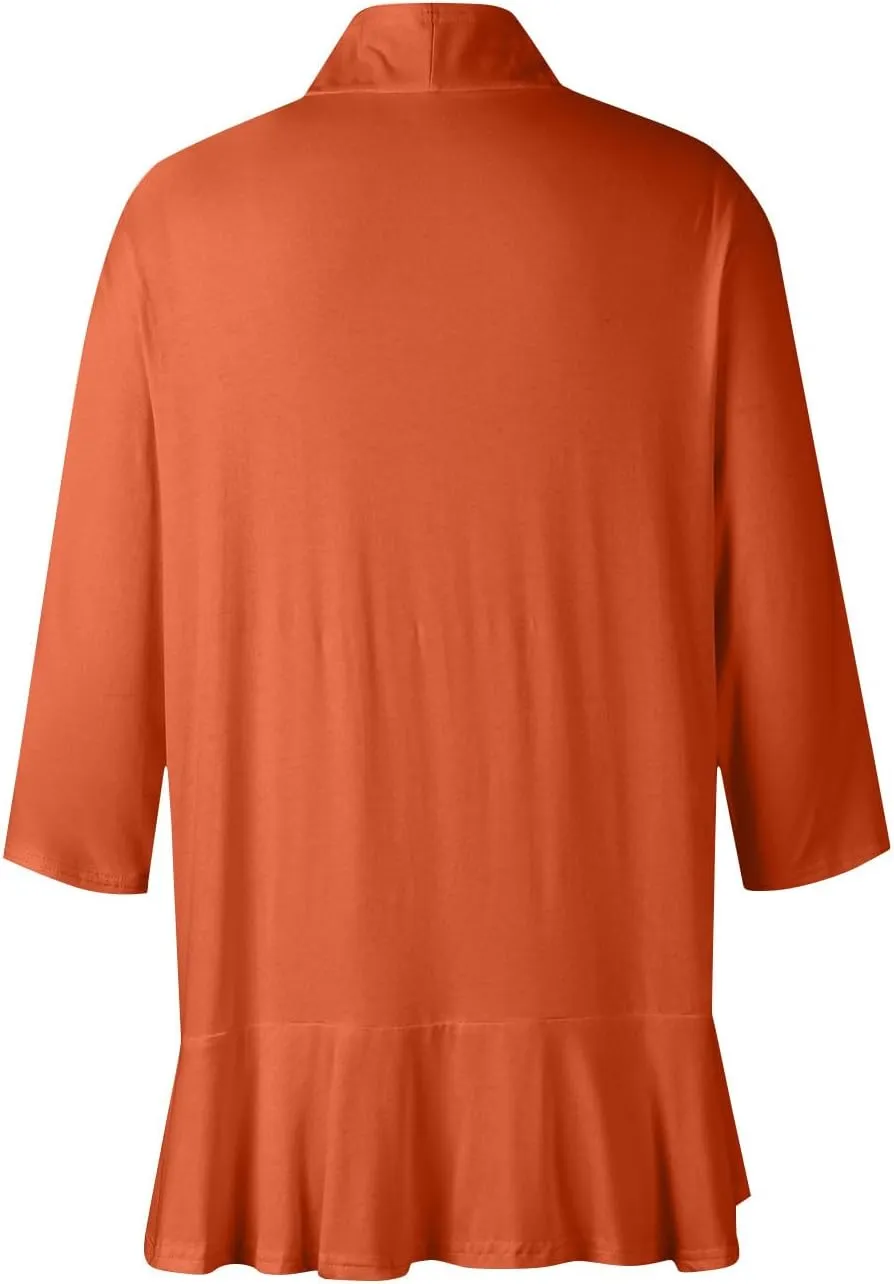 Womens Casual Open Front Cardigans Lightweight Drape Ruffles 3/4 Sleeve Cardigan