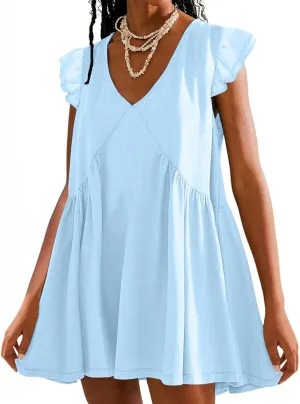 Womens Casual Short Dress Flutter Short Sleeve Ruffle Dresses Trendy Flowy V-Neck Swing Dress A-Line Mini Sundress