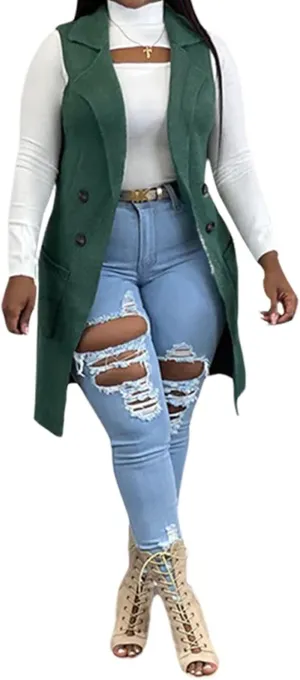 Women's Casual Sleeveless Long Sweater Vest Open Front Knit Cardigan Waistcoat with Pockets