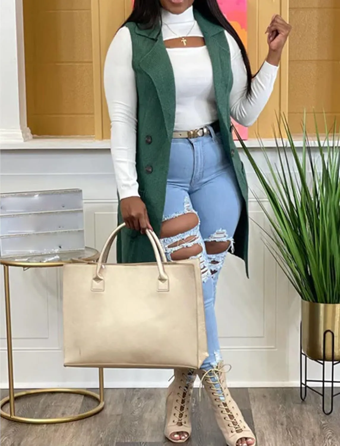 Women's Casual Sleeveless Long Sweater Vest Open Front Knit Cardigan Waistcoat with Pockets