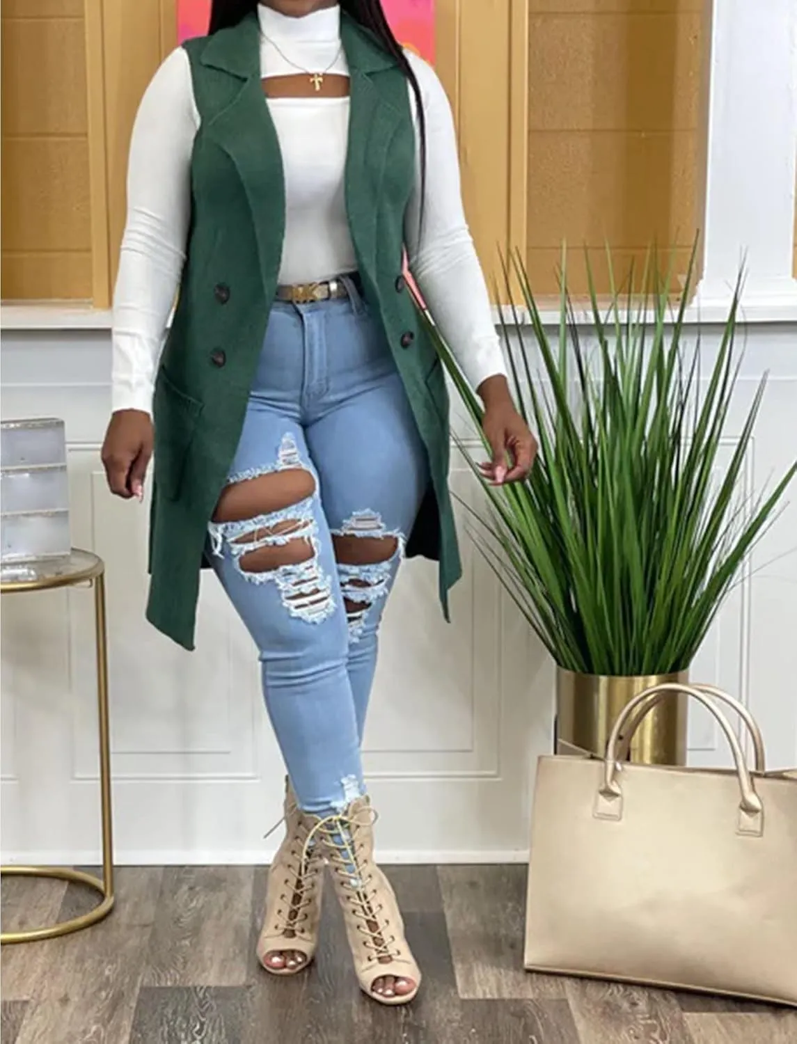 Women's Casual Sleeveless Long Sweater Vest Open Front Knit Cardigan Waistcoat with Pockets