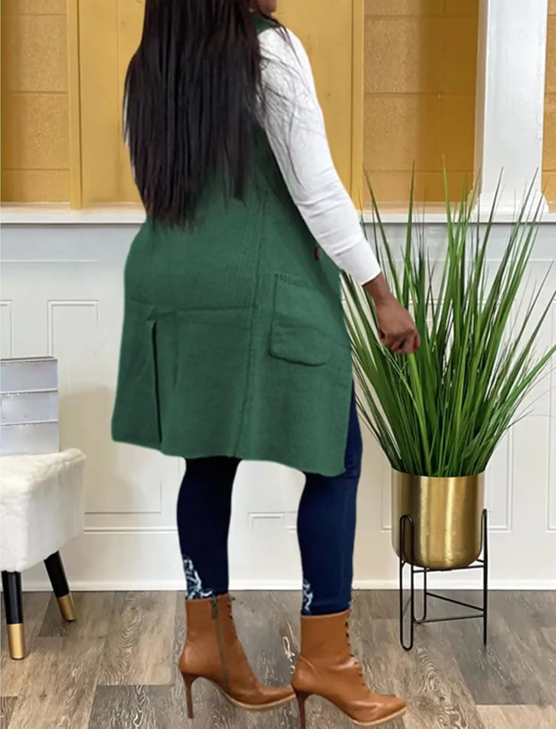 Women's Casual Sleeveless Long Sweater Vest Open Front Knit Cardigan Waistcoat with Pockets