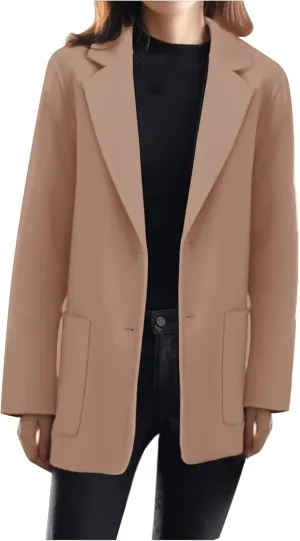 Womens Casual Woolen Trench Blazers Long Sleeve Open Front Button Work Office Suit Jackets Cardigan Coat with Pockets