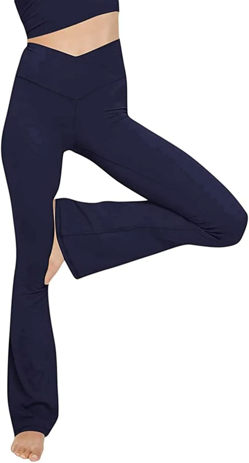 Women's Casual Yoga Pants V Crossover Flare Leggings High Waisted Workout Pants Bell Bottom Trouser Bootleg Leggings