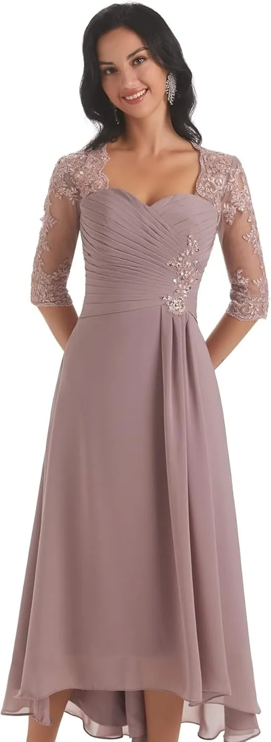 Women's Chiffon Mother of The Bride Dress LongLace Formal Evening Evening Gown with Sleeves