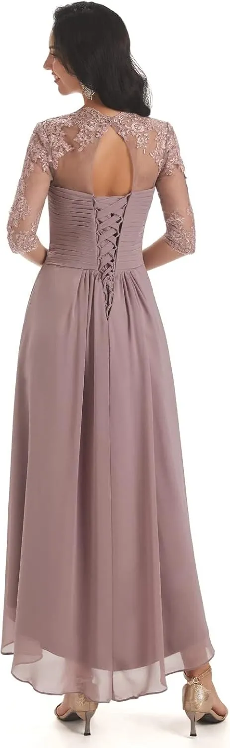 Women's Chiffon Mother of The Bride Dress LongLace Formal Evening Evening Gown with Sleeves