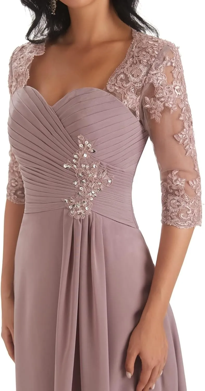 Women's Chiffon Mother of The Bride Dress LongLace Formal Evening Evening Gown with Sleeves