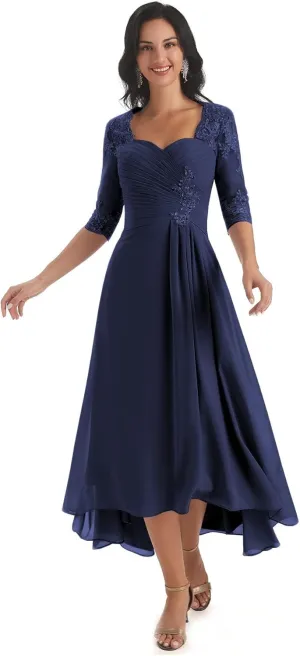 Women's Chiffon Mother of The Bride Dress LongLace Formal Evening Evening Gown with Sleeves