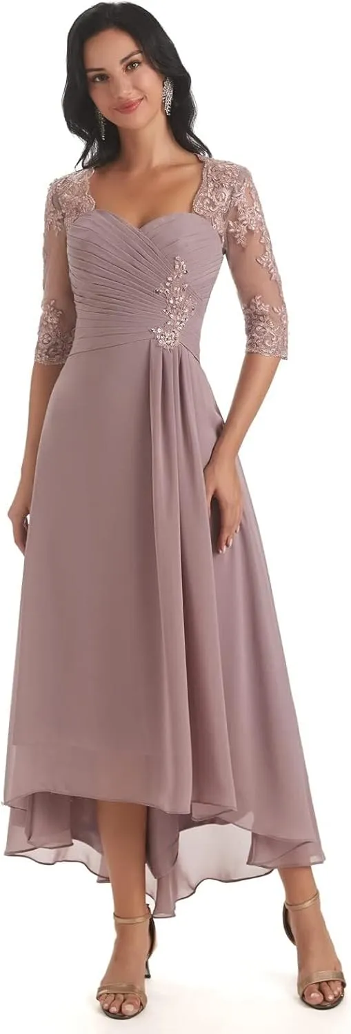 Women's Chiffon Mother of The Bride Dress LongLace Formal Evening Evening Gown with Sleeves