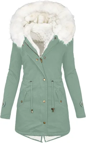 Womens Coats Plus Size Overcoats with Fur Hood Fleece Chunky Jackets Zipper Button Outerwear Winter Warm Jackets