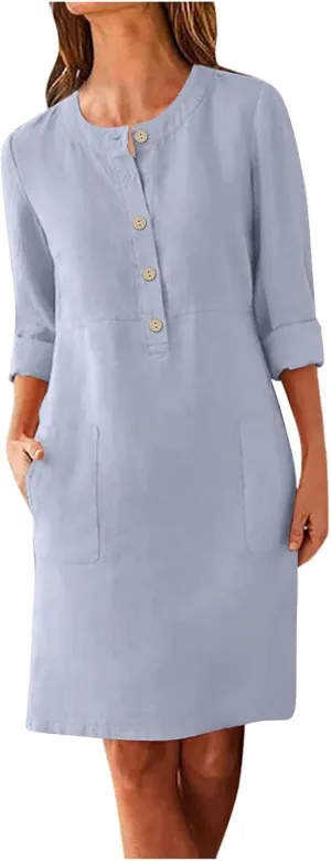 Women's Dresses Summer 2024 Dresses Casual Loose Solid Color Round Neck Short Sleeve Button Dresses, S-5XL