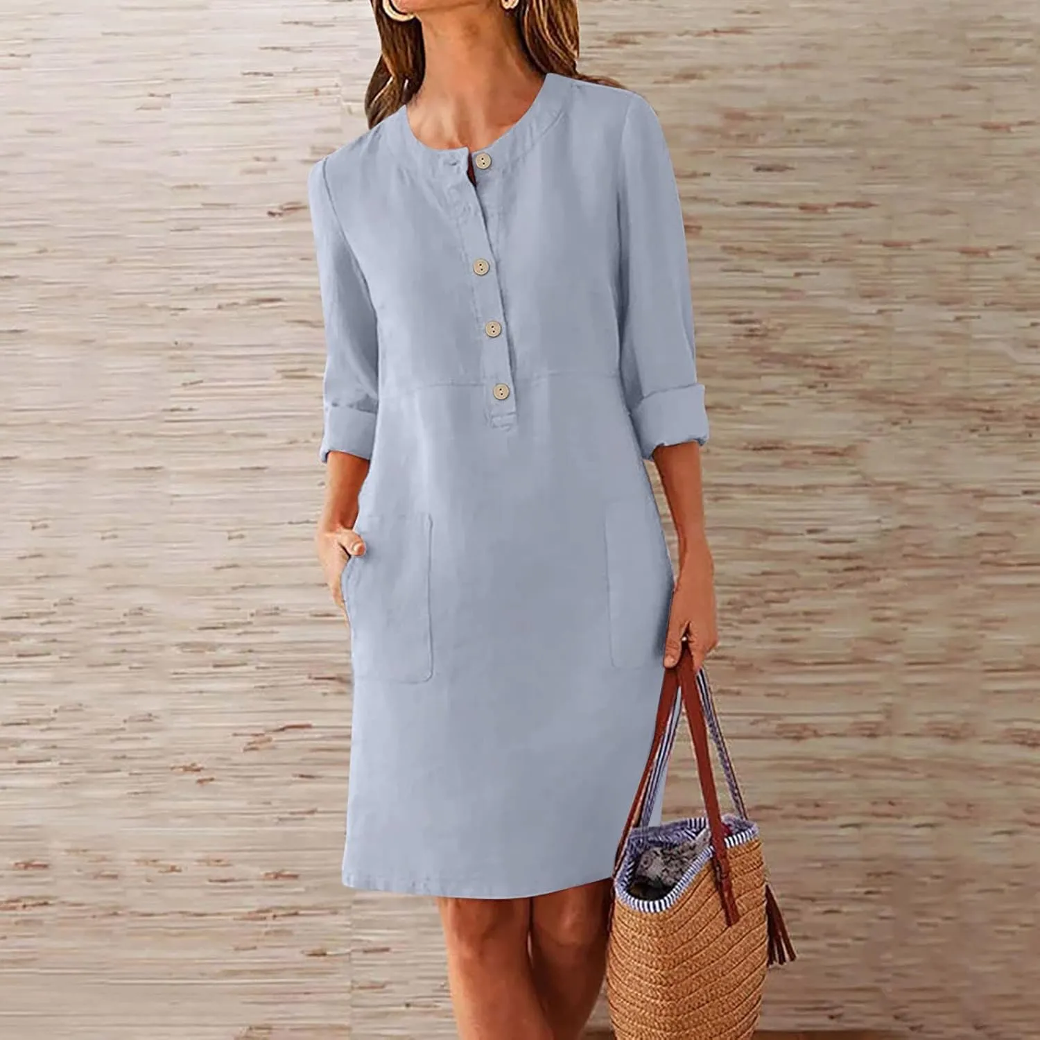 Women's Dresses Summer 2024 Dresses Casual Loose Solid Color Round Neck Short Sleeve Button Dresses, S-5XL