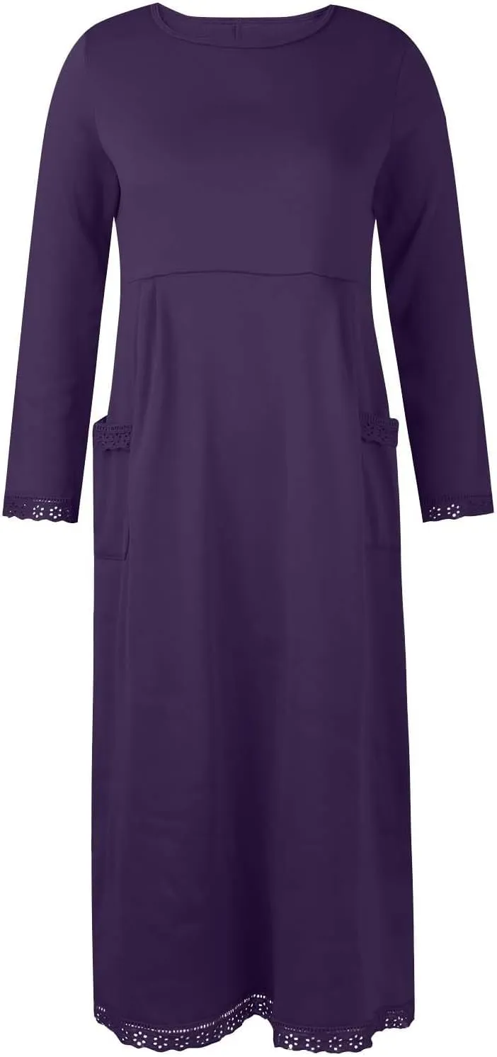 Women's Elegant Dresses Fall Winter Crew Neck Solid Maxi with Pockets,S-5XL