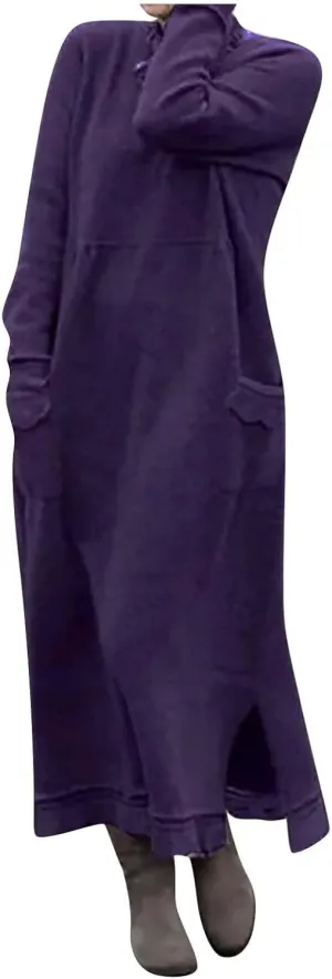 Women's Elegant Dresses Fall Winter Crew Neck Solid Maxi with Pockets,S-5XL