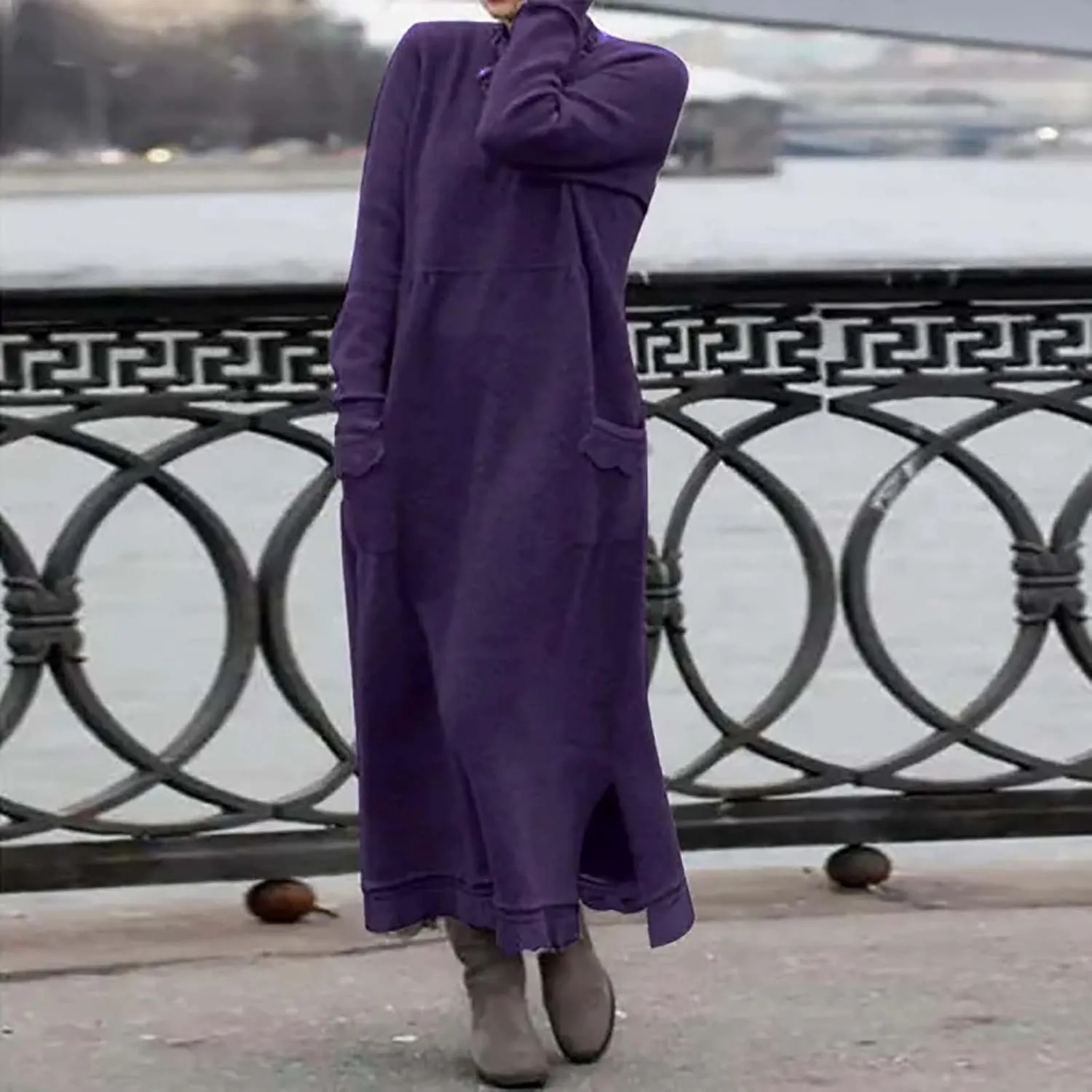 Women's Elegant Dresses Fall Winter Crew Neck Solid Maxi with Pockets,S-5XL