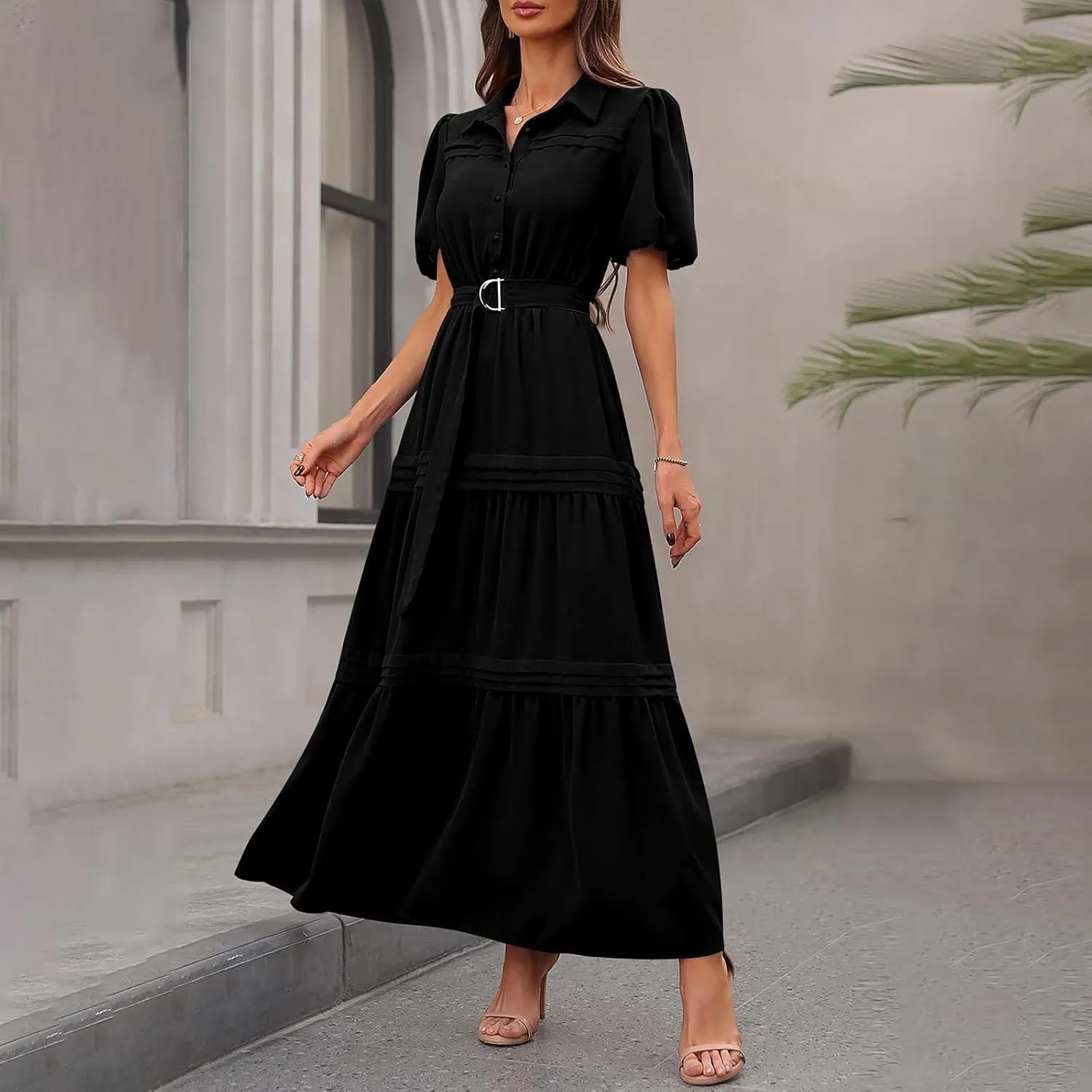 Women's Elegant Solid A-Line Pleated Midi Dress Classic 3/4 Sleeve V Neck Sheath Casual Party Work Wrap Dress
